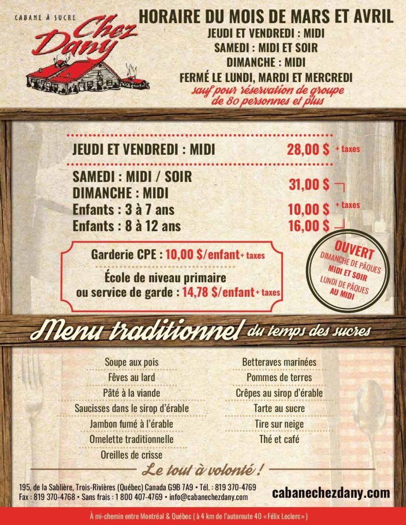 Menu du temps des sucres Cabane à sucre Chez Dany